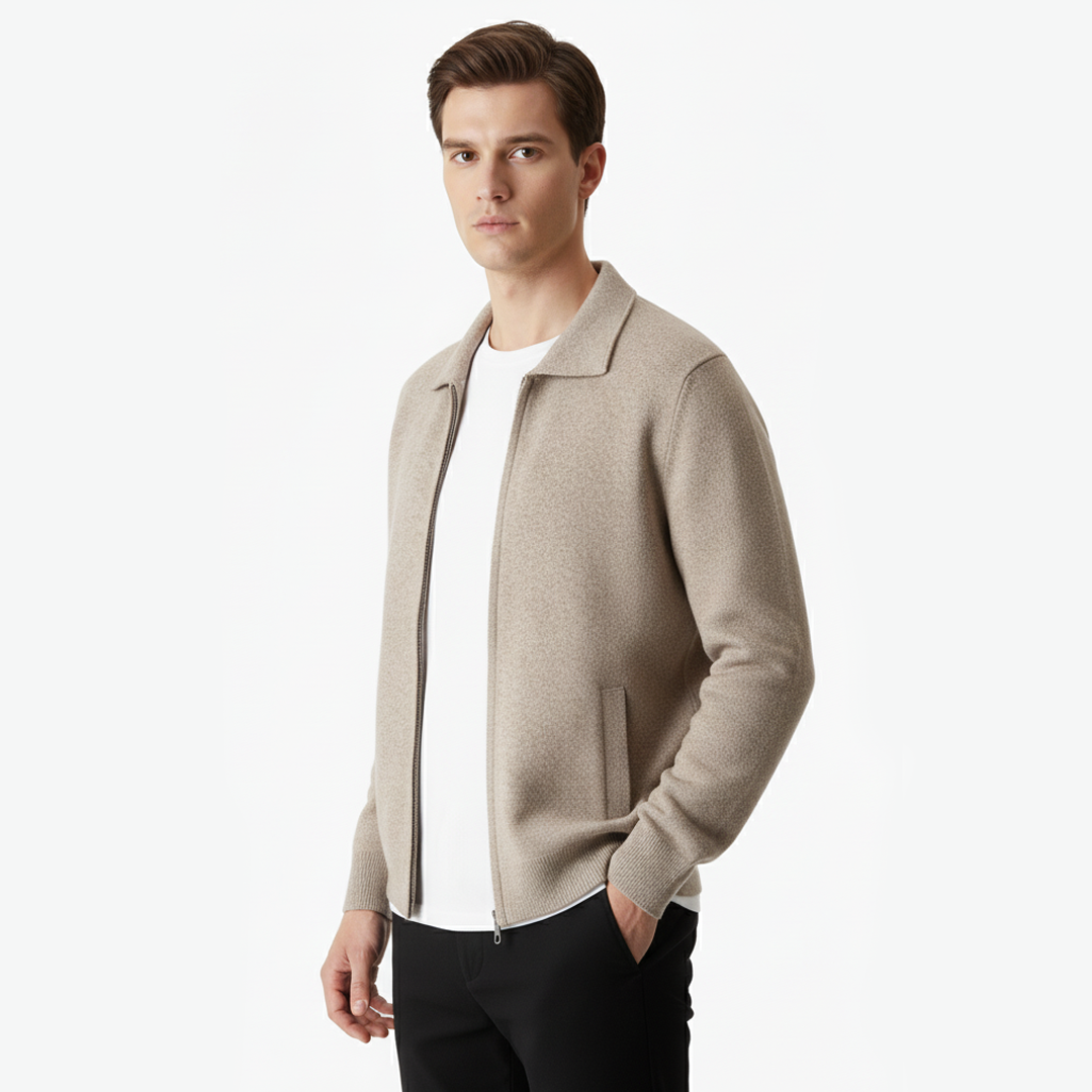 EXTRA-FINE MERINO WOOL ZIP POLO CARDIGAN